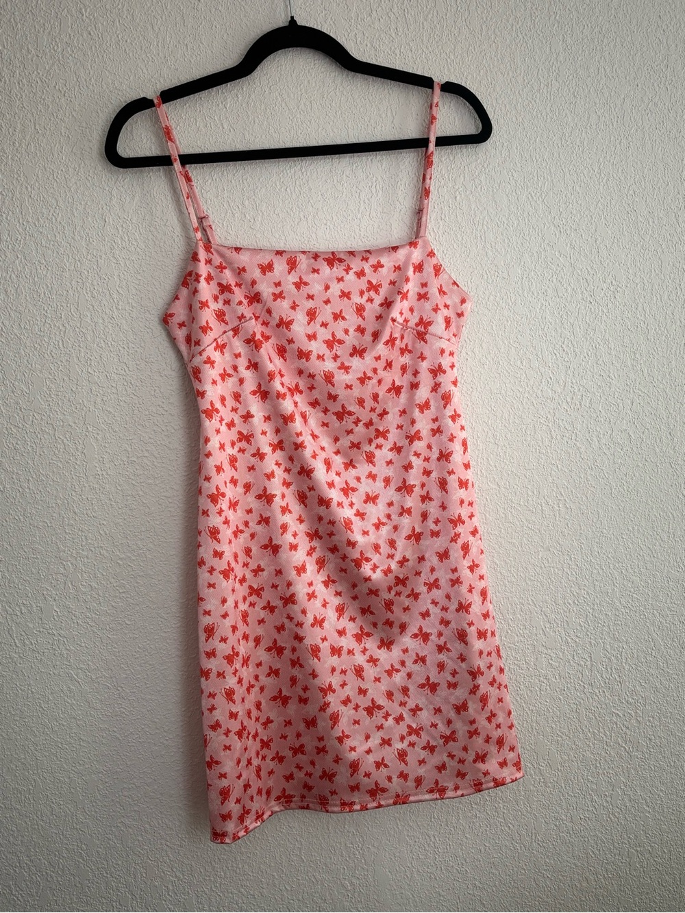 Urban Outfitters Pink Slip Dress with Red Butterfly Print